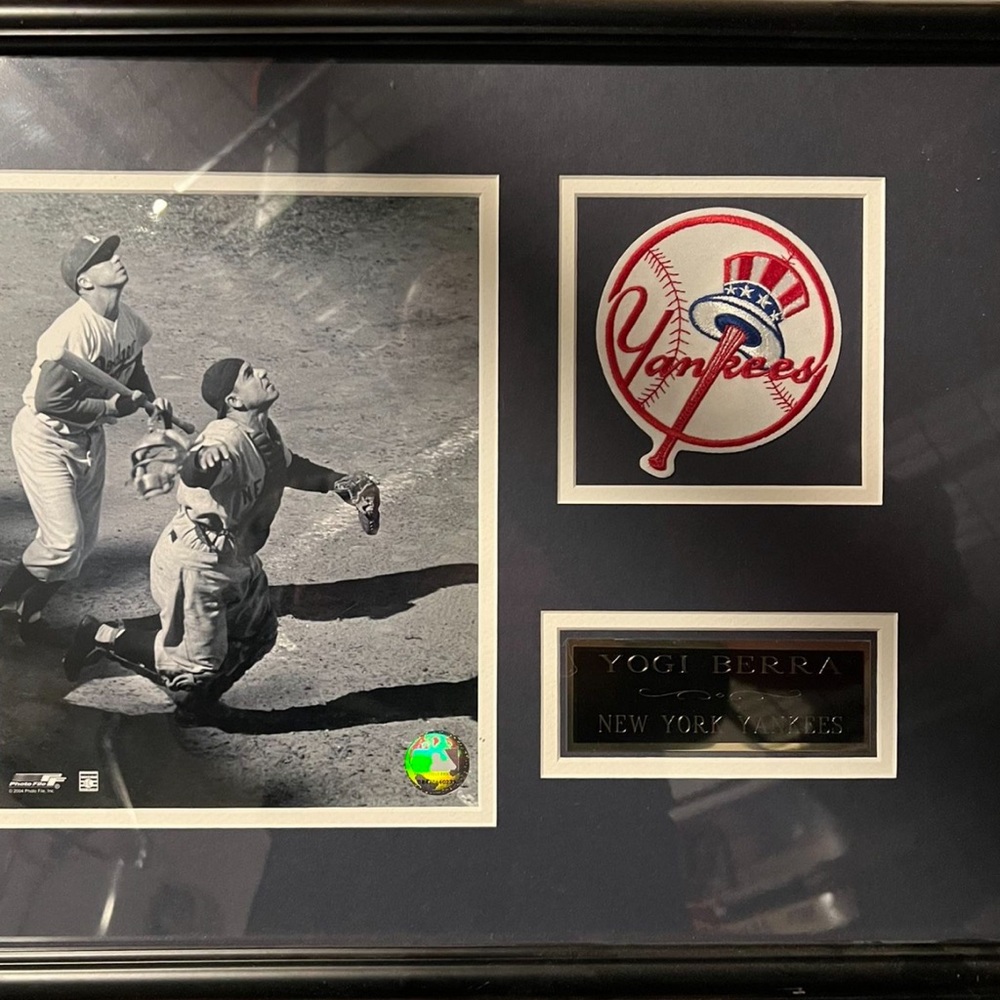 Framed Yogi Berra photo with patch